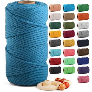 Macrame Cotton Cord 5mm x 109 Yards, ZUEXT 100% Natural Handmade Colorful 4 Strands Twisted Braided Cotton Rope for Wall Hanging Plant Hangers Gift Wrapping Tapestry DIY Crafts(100m, Peacock Blue)