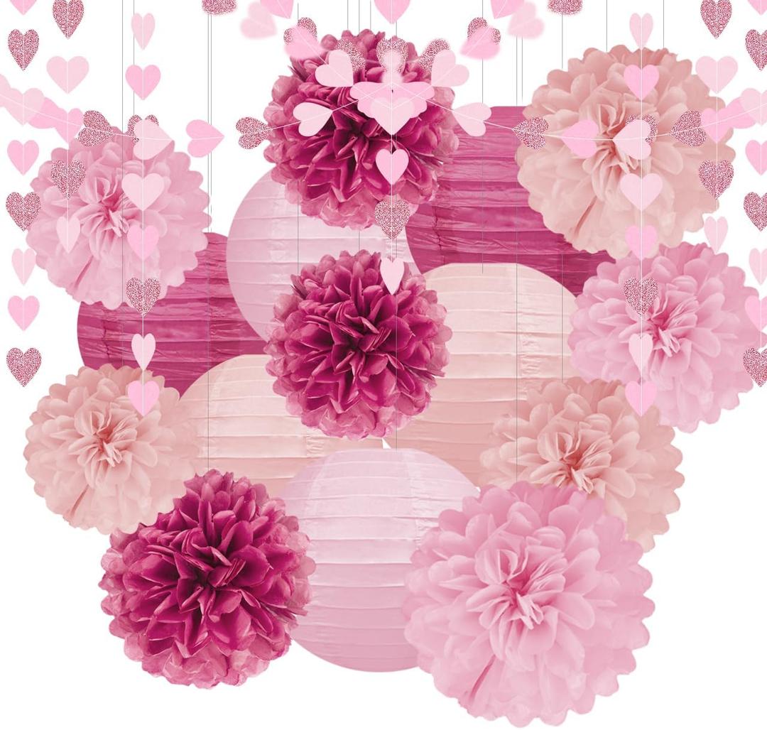 Hot-Pink Decorations for Party - 17pcs Tissue Paper Flowers Pom Poms Lanterns Birthday Bridal Baby Shower Wedding Anniversary Bachelorette Engagement Graduation Hanging Decor Hongtongtong