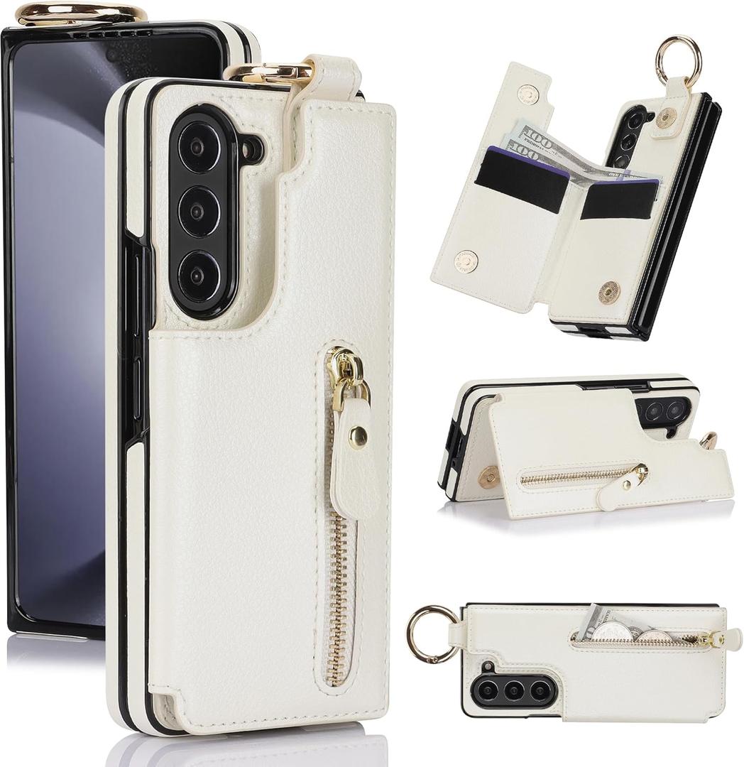 For Samsung Galaxy Z Fold 7 Wallet Case with Zipper and Credit Card Holder, Cash Slot, Front Tempered Glass Screen Protector & Reinforced Frame Protective Cover(White)