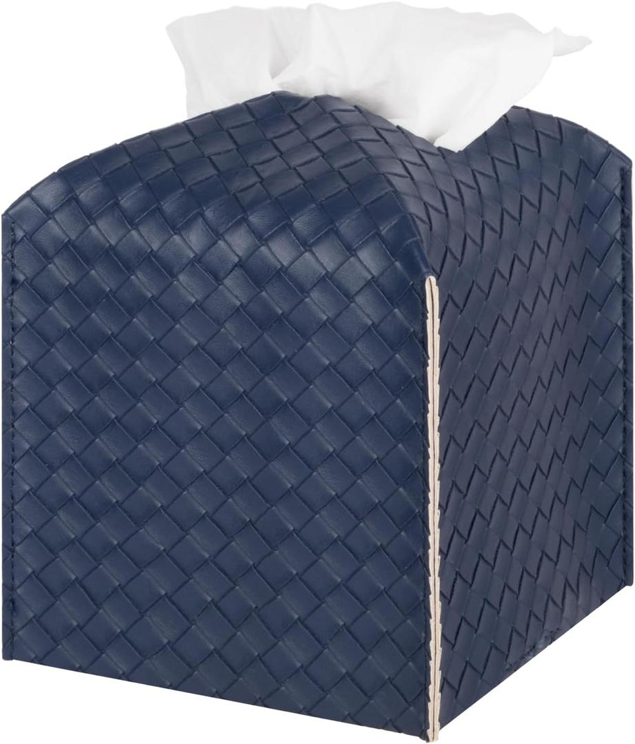Tissue Box Cover PU Leather Tissue Holder Square Facial Tissue Case Facial Paper Organizer Dispenser for Bathroom, Vanity Countertop, Tabletop, Car, Navy Blue