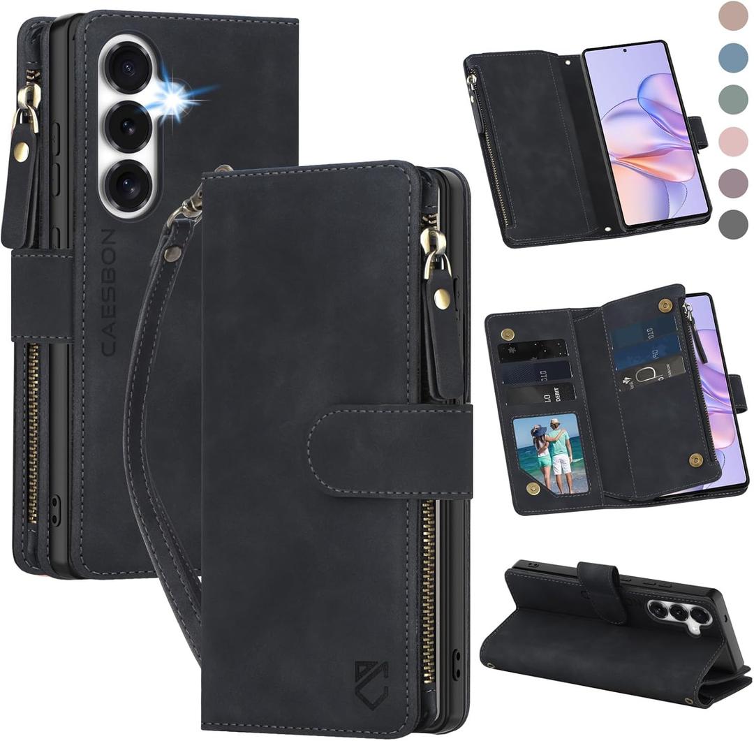 for Samsung Galaxy S26-Wallet Case: with RFID Blocking Card Slots (6 Cards) | Soft PU Leather Magnetic Snap Zipper Pocket | Crossbody Wrist Strap Protective Phone Cover - Black