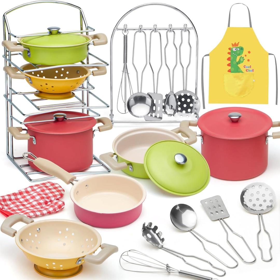 Golray Play Kitchen Accessories, Kids Kitchen Playset Pretend Cookware Including Pots and Pans Set, Cooking Utensils, Organizer, Condiments, Apron & Gloves, Birthday Gifts for Girls Boys Toddlers (Without Toy Food)