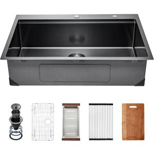 VEVOR Drop In Kitchen Sink 33 Inch Kitchen Sink Workstation, 304 Stainless Steel Top Mount Sinks, Drop-In Single Bowl with Ledge & Multiple Accessories Sink for RV, Prep Kitchen, Bar 33 x 22 x 9inch (Black)