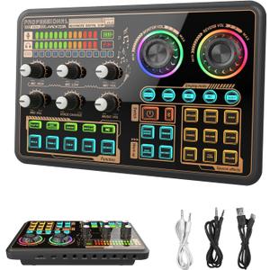 Sound Effects Board, Audio Interface with Voice Changer and LED Lights, Live Sound Board for PC Phone Microphone, Audio Mixer for Karaoke, Streaming, Recording, Gaming