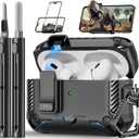 Compatible with AirPods Pro 2nd/1st Generation Case with Phone Stand,Full Drop Protection Automatic Snap Switch Design with Cleaner Kit for iPod Pro Charging (USB-C/Lightning Cable)