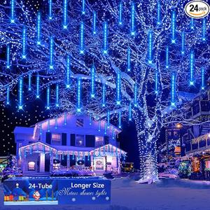 Aokudoni Outdoor Christmas Decorations: 24-Tube Meteor Shower Lights 576 LED Snow Falling Icicle Christmas Lights Outdoor for House Tree Yard Garden Xmas Decor, UL Plug, Blue