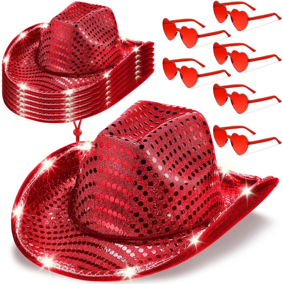 Zhanmai 6 Set LED Cowboy Hat Light Up Glitter Cowboy Hat with Sunglasses Sequin Space Cowgirl Hat for Women Men Costume (Red)
