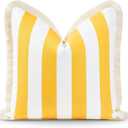 Hofdeco Premium Coastal Patio Indoor Outdoor Pillow Cover Only, 20"x20" Water Resistant for Backyard, Couch, Yellow Stripe Fringe (Yellow Stripe 20"x20")