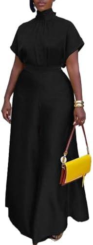 Inroserm 2 Piece Sets for Women Dressy Casual Satin Short Sleeve Crop Blouses Wide Leg Pants Going Out Outfits, Black, XXL