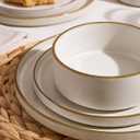 Famiware Nebula Plates and Bowls Sets, 12 Pieces Stoneware Dinnerware Sets, Reactive Glaze Dish Set, Dishes Set for 4, Matte Beige White with Brown Rim