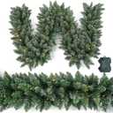 Christmas Garland 9 Ft by 12 Inch Prelit Fraser Fir Xmas Garland with 50 LED Lights, Real Like Lush and Classics Green Style for Indoor Outdoor Home Decoration (Brief-Snowy_Battery)