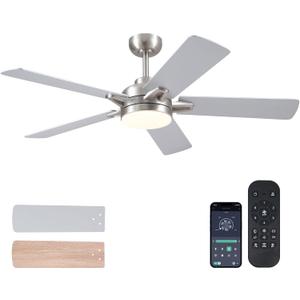 52" Ceiling Fan with Lights and Remote - Low Profile Ceiling Fans with 5 Dual-Sided Blades and Reversible Motor, Indoor/Outdoor Ceiling Fan Lights for Modern Bedroom, Covered Patios, Nickel