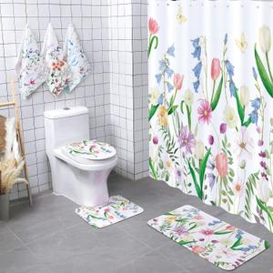 Newwiee 7 Pcs Flower Shower Curtain Set with Non-Slip Mats Bathroom Set with Shower Curtain and Towels Toilet Mat Waterproof Watercolor Bathroom Decor Bath Accessories