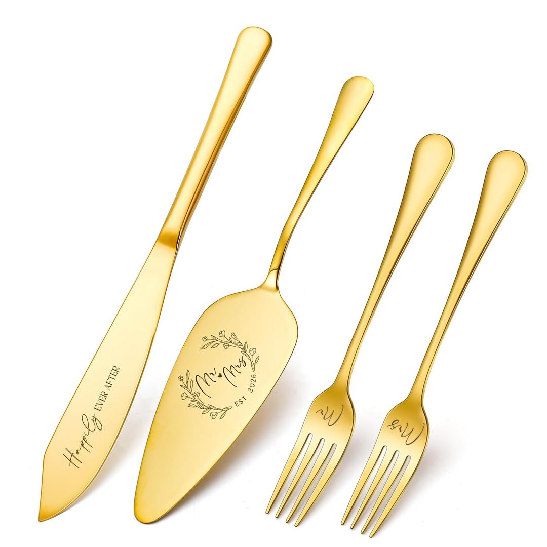 Ovveroche Wedding Cake Knife and Server Set, 4 Pack Stainless Steel Cake Cutting Knife, Slicer and Forks Server for Wedding, Anniversary, Birthday, Baby Shower(Gold 2026)