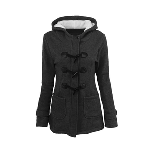 Women's Warm Coat Horn Button Slim Coat Fleece Hooded Coat Thickened Pocket Coat
 XL