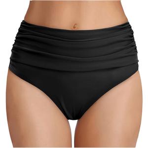 Tempt Me Women's High Waisted Bikini Bottom Tummy Control Ruched Bathing Suit Swim Bottom (Black, S)