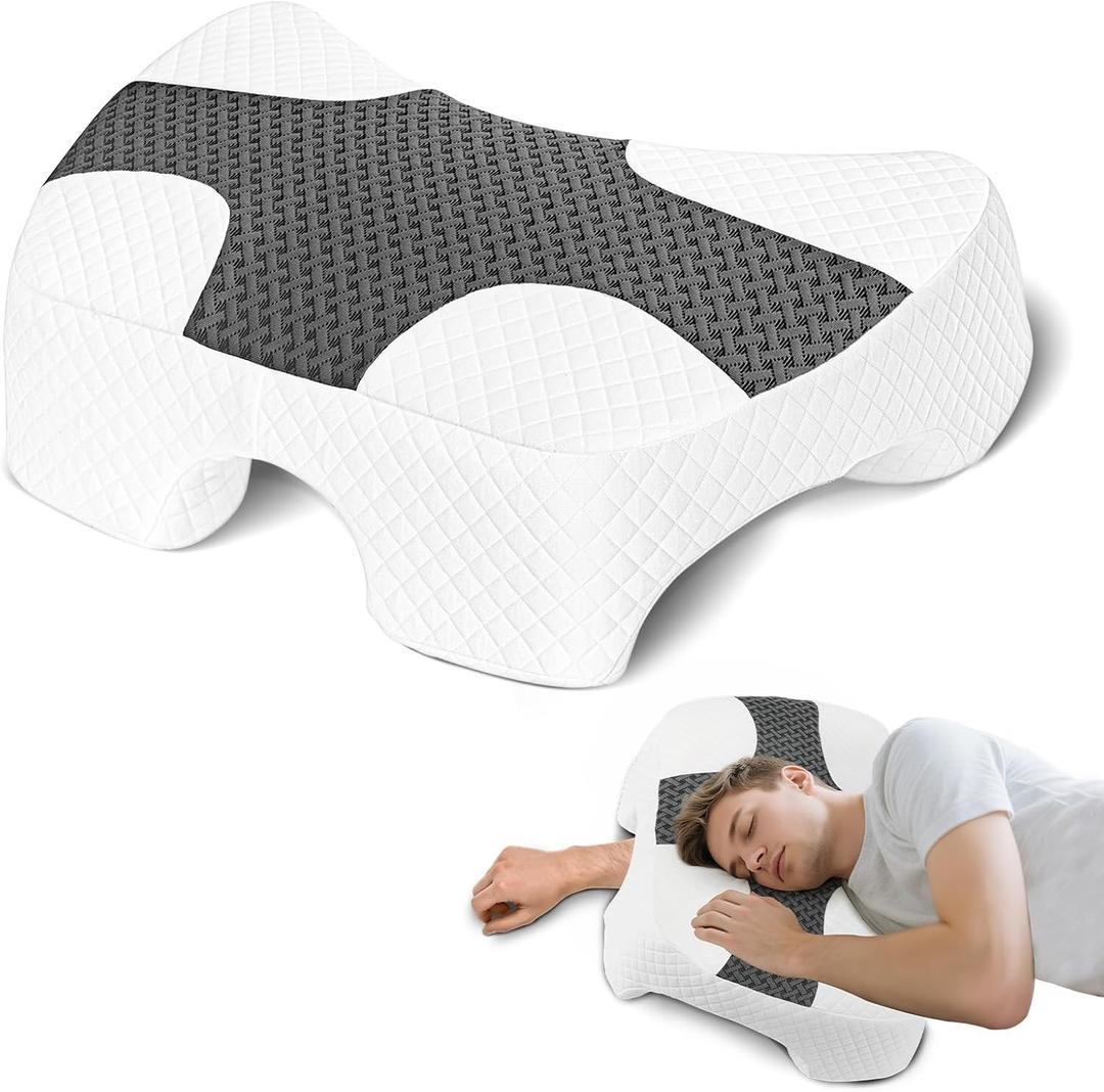Side Sleeper Pillow with Arm Hole, Shoulder Relief System, Arm Pillow for Neck and Shoulder Pain, Premium Memory Foam, Suitable for Side, Back and Stomach Sleepers - Grey, 7.1in Height