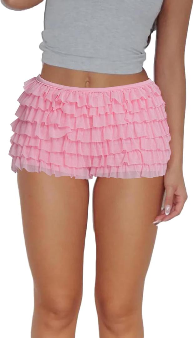Women Ruffle Bloomers Lolita Fairy Short Y2K Mesh Lace Pumpkin Sexy Layered Pettipants Boy Shorts (Large, Pink)