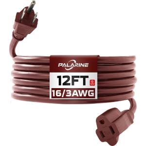 12ft Brown Outdoor Extension Cord Waterproof, UL Listed, 16/3 SJTW Heavy Duty 3 Prong, 16 Gauge 13A Power Cord Ideal for Indoor Outdoor Lights, Appliances, and Lawn
