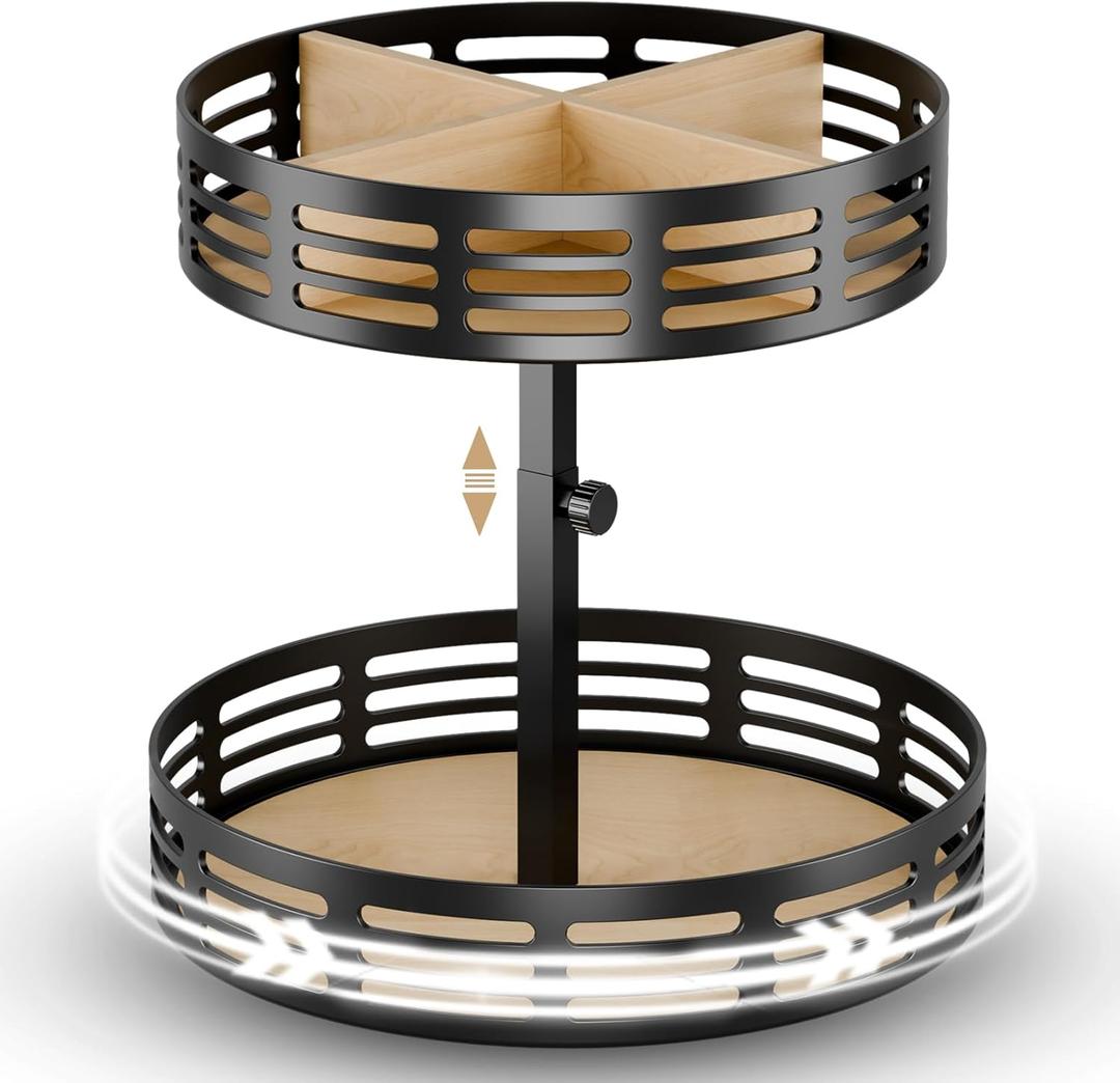 Lazy Susan Organizer,4 Adjustable Heights Lazy Susan Turntable for Cabinet,2-Tier Snack Organizer for Pantry Shelf,Rotating Spice Rack,Wood Condiment Seasoning Organizer for Spices, Makeup,Snack
