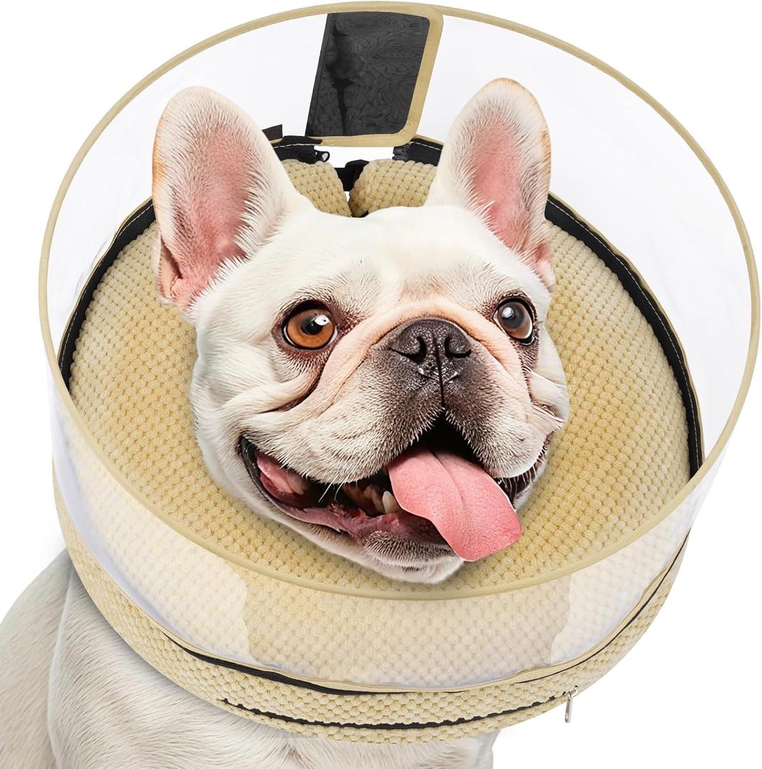 Soft Inflatable Dog Cone for Surgery Recovery, Protective Dog Donut Collar with Shield to Stop Licking Wounds, 2-in-1 Patented Comfort Blow-Up Collar for Small and Medium Pets (Khaki, M+)