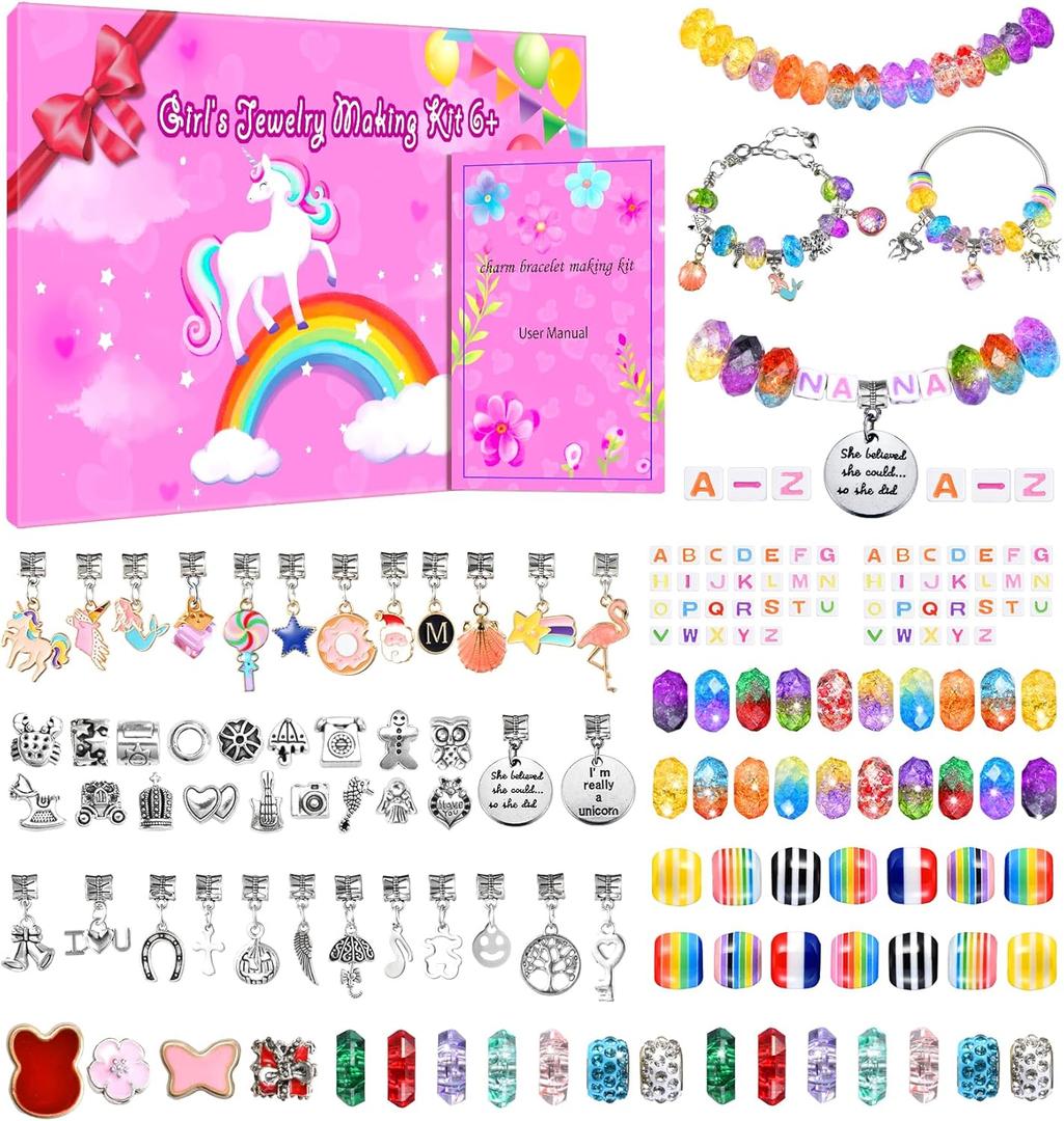 Girls Charm Bracelet Making Kit - Unicorn 166 Pcs Jewelry Supplies Set Kids Make Charms Bracelets Kits Creative Toys Birthday Gifts for Age 5 6 7 8 9 10 11 12 Year Old Girl Children DIY Art Craft Set (colorful)