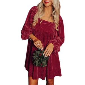 Chvity Women Velvet Backless Mini Dress Sqaure Neck Long Sleeve Casual Loose Holiday Party Winter Babydoll Velour Dressess (Large, Red)