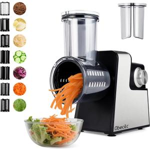 Upgraded 300W Electric Cheese Grater for Block Cheese,Cheese Shredder Electric with 7 Stainless Steel Blades for Slicing, Shredding, Grinding Vegetables, Fruits & Nuts, One-Touch Control