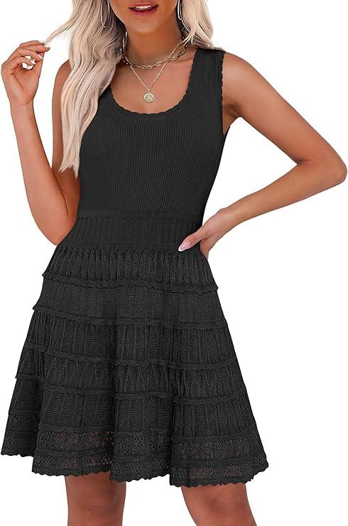ANRABESS Womens Sundress Beach Vacation Mini Tank Dresses Summer Casual Crochet Knit Scoop Neck Sleeveless Dress
 M