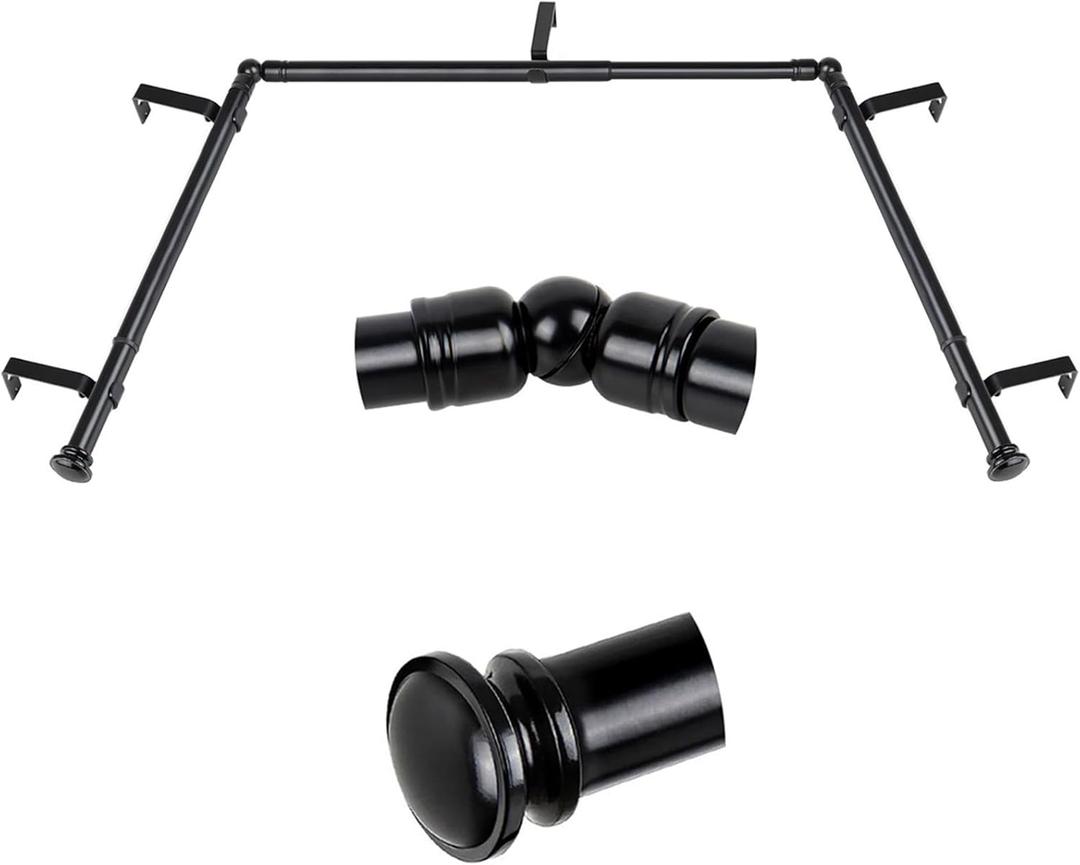 TONIAL Bay Window Curtain Rods, 36 to 72 Inch Center Rod for window, 20 to 36 Inch Side Rods for windows 3/4 Inch Decorative Drapery Rods with Small Cap Finial, Light Black