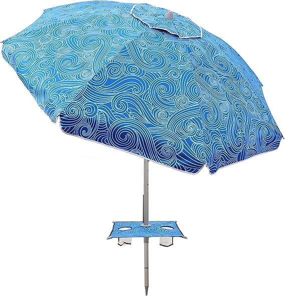 7ft Beach Umbrella with Built-in Table TrayUPF 50+ beach umbrellas for sand heavy duty wind portable, Windproof Outdoor Shade Umbrella for Patio Garden (Surging Waves)