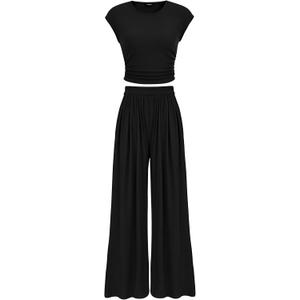 PRETTYGARDEN Women's Summer 2 Piece Outfits 2025 Cap Sleeve Ruched Slim T Shirt Ribbed Knit Wide Leg Pant Sets Tracksuit (Medium, Black)