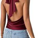 MakeMeChic Women's Halter Tops Satin Silk Backless Sleeveless Camisole Party Club Sexy Going Out Top, L/XL