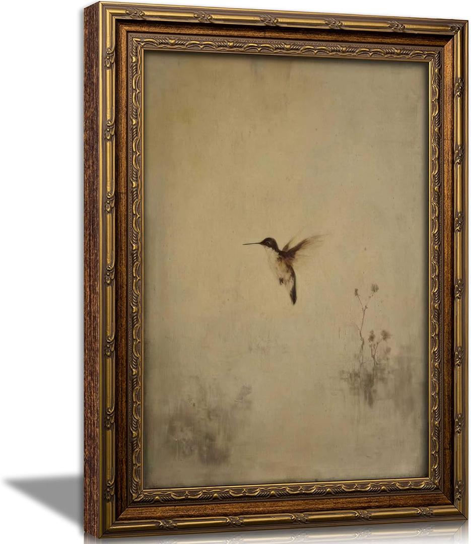 Vintage Gold Framed Hummingbird Wall Art, Antique Flying Bird Oil Painting Canvas Print, Rural Nature Cottagecore Wall Decor, Rustic Farmhouse Picture Poster Artwork for Living Room Bedroom Bathroom, 24"L x 16"W