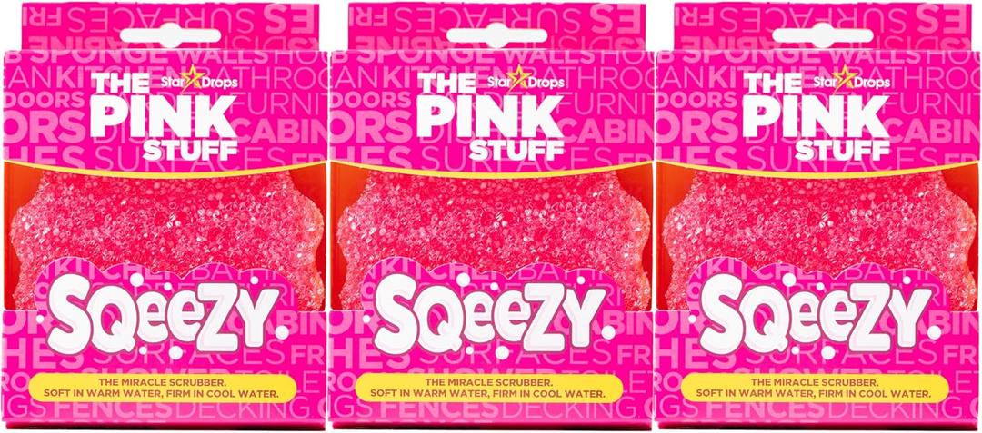 Stardrops  The Pink Stuff  SQeeZY Miracle Scrubber Sponge, Scratch Free Solution for Ultimate Home Cleaning - Perfect for Kitchens, Bathrooms, and Outdoor Use, 3-Pack