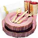KIRE 210Pcs Clear Pink Plastic Plates with Gold Rim - Disposable Gold Silverware &Pink Cups&Hand Napkin - Plum Colored Plastic Dinnerware for Upscale Wedding & Mother's Day