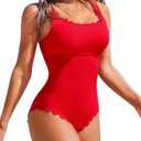 Charmo Womens Scalloped Ribbed One Piece Swimsuits Retro Square Neck Modest Bathing Suits (XX-Large, Red)