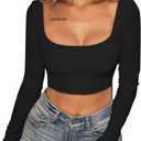 XXTAXN Women's Sexy Bodycon Fitted Square Neck Long Sleeve Basic T-Shirt Crop Top (Large, Black)