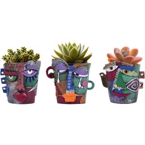 Mini Abstract Face Planter  Small Picasso-Inspired Resin Planter for Succulents, Cacti & Small Plants, Whimsical Decorative Head Planter for Indoor & Outdoor Garden (Set of 3 Small Planters)