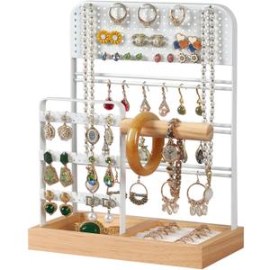 Jewelry Stand with Ring Holder Jewelry Display with 5 Hooks Necklace Holder Bracelet and Earring Holder with Multiple Holes Organizer Stand (White)
