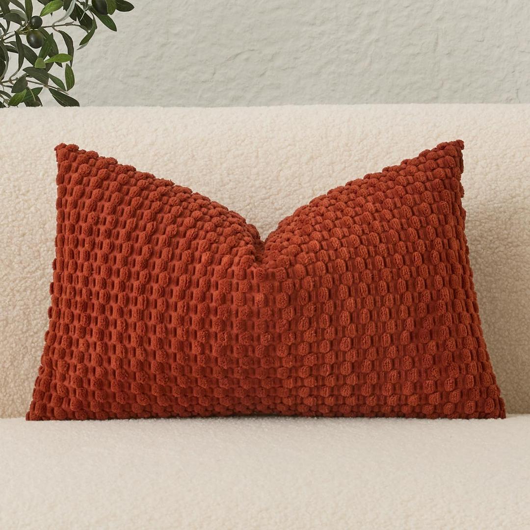 2 xUGASA Fall 12x20 Inch Lumbar Throw Pillow Cover, Both Sides Corduroy Striped, Soft Solid Decorative Rectangular Cushion Case for Couch/Bedroom/Car, 2 Pieces, Burnt Brick