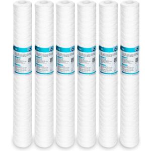 Membrane Solutions 5 Micron 2.5" OD x 20" Length Sediment Water Filter String Wound Polypropylene Cartridge for Whole House Filter Systems - 6 Pack