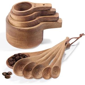 10-Piece Measuring Cups and Measuring Spoons Set, Handcrafted Acacia Wooden Measuring Cups with Tablespoon Teaspoon Measuring Spoons for Dry Ingredients, Natural Wood Rustic Kitchen Accessories