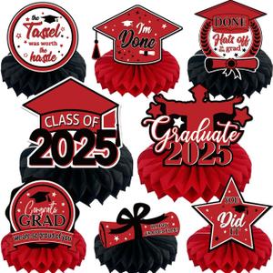 8PCS Graduation Decorations 2025, Class of 2025 Congrats Grad Table Centerpieces Congratulate Graduation Honeycomb Table Toppers for Graduation Party Supplies (Red Black)