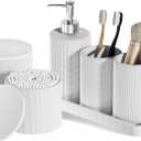 6-Piece White Bathroom Set - Mesh Textured Resin Bathroom Accessories Set with Soap Dispenser, Toothbrush Holder, Cup, Vanity Tray & Apothecary Jars for Small Spaces