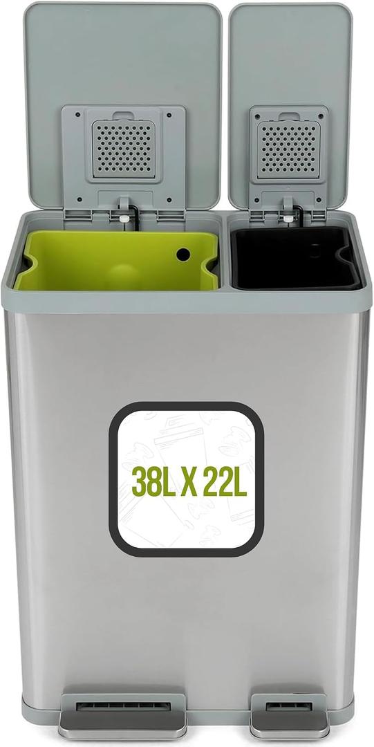 60 Liter / 16 Gallon Rectangular Hands-Free Dual Compartment Recycling Kitchen Step Trash Can with Soft-Close Lid, Brushed Stainless Steel (38L x 22L Capacity)
