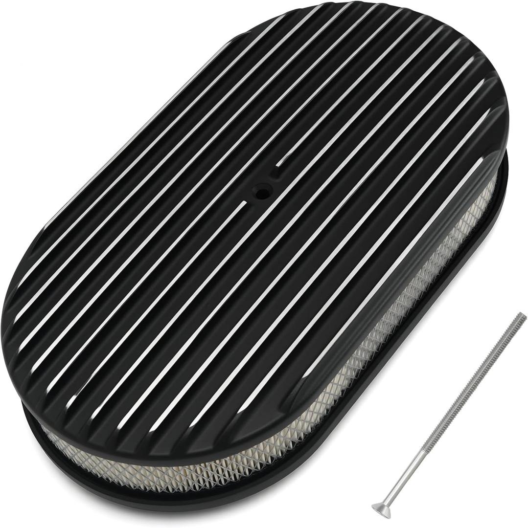 Universal 15'' Oval Fully Finned Air Cleaner, with Mounting bolt Black Aluminum Alloy Oval Polished Full Finned