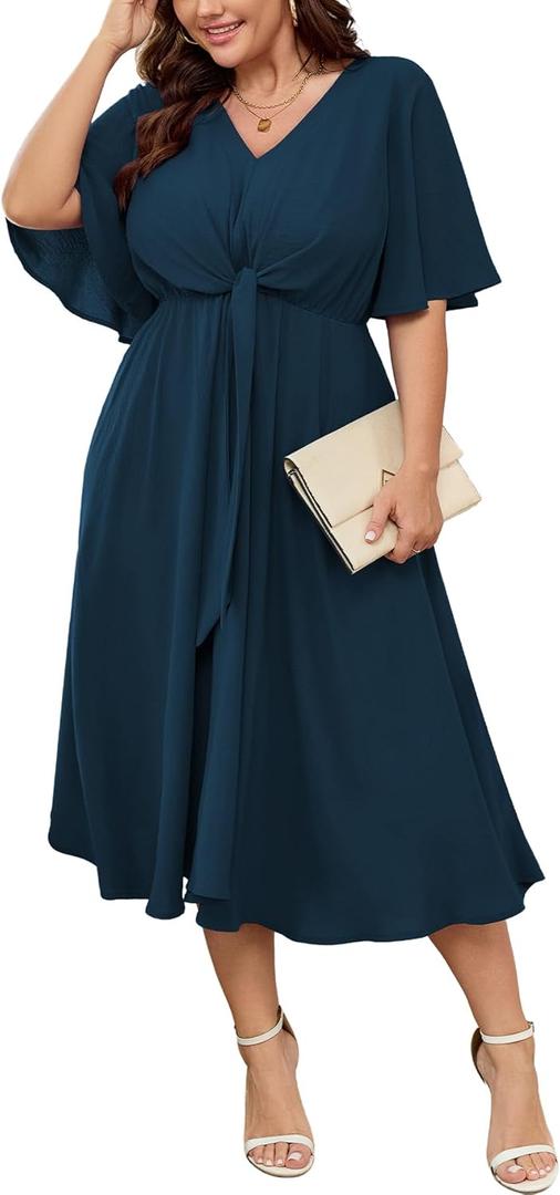 SCOMCHIC Women Plus Size Midi Dresses Wedding Guest Short Sleeve V Neck Tie Waist Casual Summer Flowy A Line Dress, Small