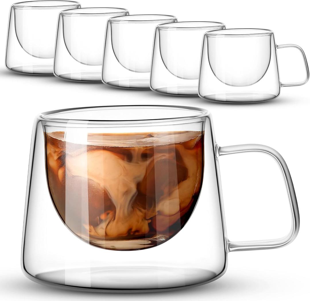 Rtteri 6.7 oz Double Wall Glass Coffee Mugs Set of 6 Espresso Mugs with Square Handle Glass Cappuccino Cups Tea Clear Coffee Insulated Cups Gift Set for Latte Tea Bag Beverage Cafe Kitchen