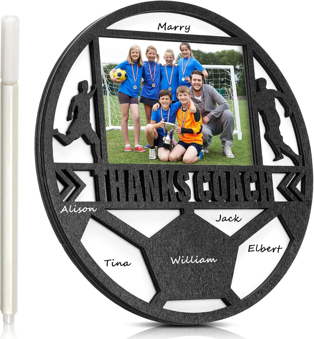 RattanView Sport Ball Picture Frame 4 x 6 Signable Thanks Coach Picture Frame with Pen Coaches Appreciation Photo Tabletop for Home Table Decorations Coach Team Birthday Gifts(White,Soccer,Round)